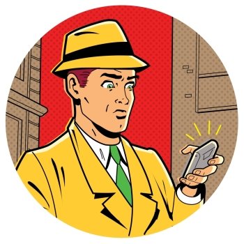 Ironic Satirical Illustration of a Retro Classic Comics Man With a Fedora and a Modern Smartphone