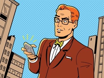 Ironic Illustration of a Retro 1940s or 1950s Man With Glasses, Bow Tie and Modern Smartphone