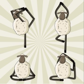 Yoga sheep standing in different poses. Vector illustration