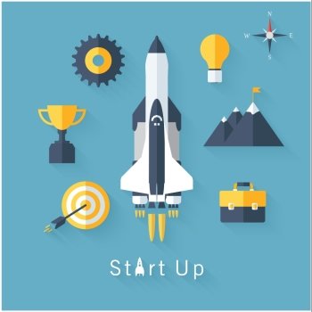  Concept of new business project startup development and launch a new innovation product on a market. Flat design modern vector illustration.