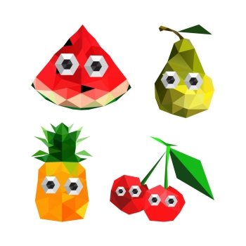 Illustration of funny origami fruits with cartoon eyes isolated on white background