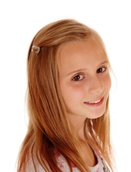 A closeuo image of a young pretty girl with blond hair looking into thecamera, isolated for white background.