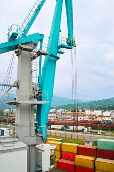 Trucks and containers in Batumi industrial sea port. Georgia