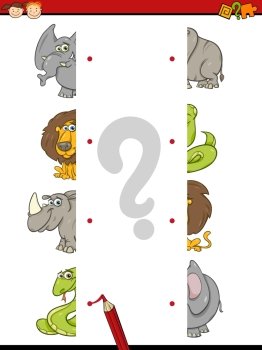 Cartoon Illustration of Education Match Halves Task for Children with Animal Characters