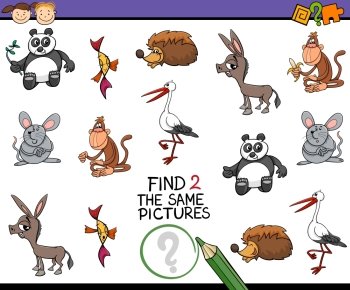 Cartoon Illustration of Finding the Same Picture Educational Task for Preschool Children with Animal Characters