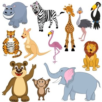 Set of 12 Cartoon Animals. Ready For Use in Zoo Theme.