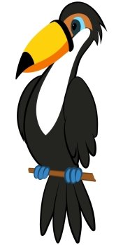 Funny Cartoon Character Toucan Sitting on a Brunch Tree Over White Background. Hand Drawn in Perspective Elegant Cute Design. Tropical and Zoo  Fauna. Vector illustration. 
