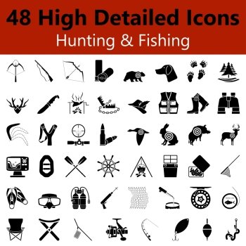 Set of High Detailed Hunting and Fishing Smooth Icons in Black Colors. Suitable For All Kind of Design (Web Page, Interface, Advertising, Polygraph and Other). Vector Illustration.