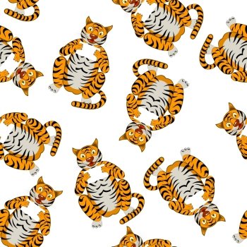 Seamless Pattern From Funny Cartoon Character Tiger Over White Background.  Tropical and Zoo  Fauna. Vector illustration. 