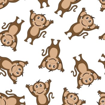 Seamless Pattern From Funny Cartoon Character Monkey With Smile and  Hands Up Paws Over White Background. Hand Drawn in Front  View Elegant Cute Design. Vector illustration. 
