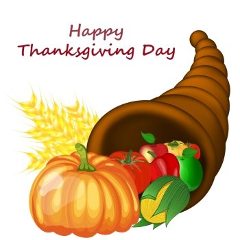 Thanksgiving day greeting card. Design consist from cornucopia pumpkin, pepper, tomato, apple, ears of wheat and corn over white background.  Very cute and warm colors. Vector illustration.
