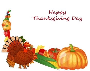 Thanksgiving day greeting card. Design consist from pumpkin, pepper, tomato, apple, grape, corn, oak leaves, acorns and turkey  on white background.  Very cute and warm colors. Vector illustration.