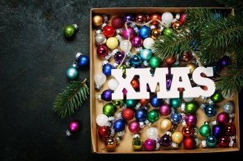 Christmas composition on dark vintage background - Little Christmas balls 