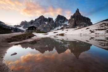 Chalet Segantini at the lake, Passo Rolle, Dolomites Alps, Italy
