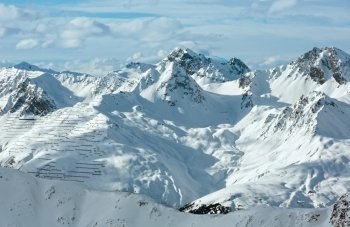 Winter Silvretta Alps landscape. Ski resort, Tyrol, Austria.