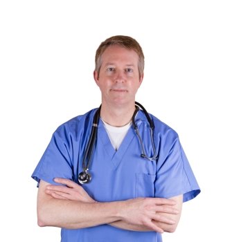 Doctor, looking forward, wearing blue medical scrubs with stethoscope on isolated white background.