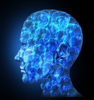 Group organization with a business team of partners working together as one unit for financial success as one large human head made of smaller faces on a black background.