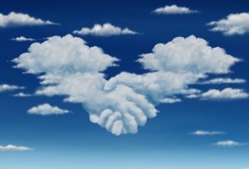 Contract agreement vision in a meeting of a group of two cumulus clouds on a blue sky shaped as hands of business people coming together to form a strong collaboration for the future.