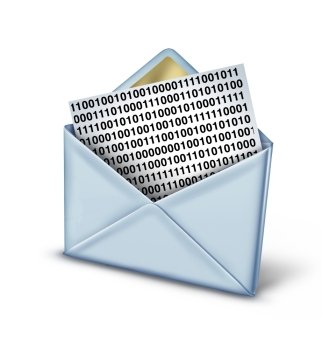 Digital message technology concept with a letter or envelope with a binary code note symbol being sent as a text message or email through social networking as an icon of modern communcation between computer devices.