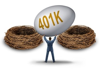 Retirement savings choice dilemma with a businessman lifting and  holding up a giant investment 401 k egg deciding on a strategy for the best nest to invest his financial golden age fund.