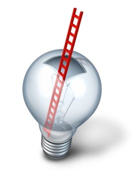 Creative access as an open glass light bulb with a red ladder inside as a metaphor for thinking outside the box and creative discovery with entry to the  inner workings of innovative success strategy on a white background.