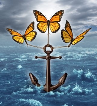 Lifting the burden business concept as a group of three monarch butterflies raising a heavy nautical anchor from a stormy ocean scene as a metaphor for liberation and unstopable freedom by working together as a team.