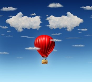 Success choice business concept as a red air balloon with a businessman pilot flying up and facing a difficult direction dilemma with clouds shaped as opposite pointing arrows in the sky.