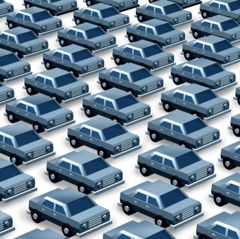 Car dealership concept as a group of generic three dimensional cars organized as a pattern in a parking lot as a symbol of auto sales imports and exports or manufacturing recalls.