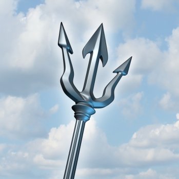Trident spear concept in perspective on a sky background as a Greek mythology symbol of neptune and Posiedon the god of the sea as a three dimensional weapon to catch fish or fight as a gladiator.