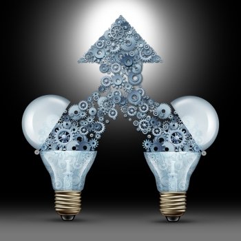 Creative innovation success as two open glass light bulbs releasing gears and cogs coming together in the shape of an upward arrow as a symbol of brainstorming new ideas and technology development.