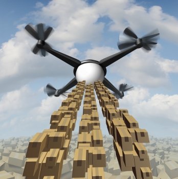 Drone cargo delivery concept  as an unmanned quadrocopter shipping packages and freight as a symbol of the future of courier service.