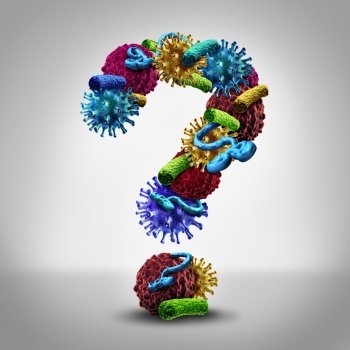 Disease questions medical concept as a group of cancer bacteria cells and ebola virus shaped as a question mark as a health care symbol of  pathology solutions and information on treating human infections through medicine or the immune system.