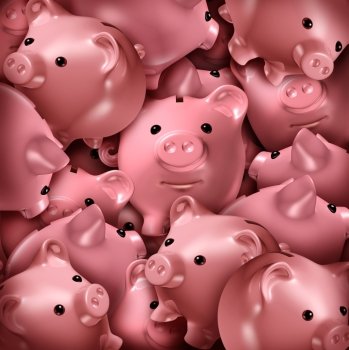 Savings choice and crowd funding financial concept and a finance symbol for choosing the best investment as a confused group of three dimensional piggy banks stacked in a chaotic stack.