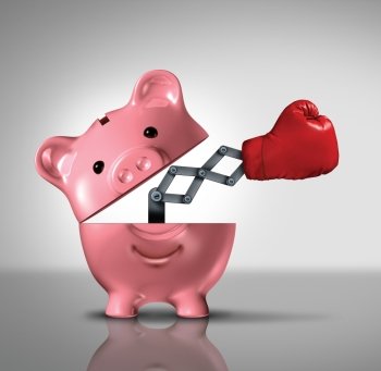 Budget power financial concept as an open ceramic piggy bank with an emerging punching boxing glove as a success metaphor in fighting for the best savings solutions and interest rates to manage consumer debt and spending.