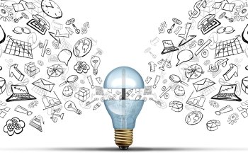 Business innovation ideas concept as an open light bulb with financial and office icons being released as a communication success symbol for marketing strategy solutions.