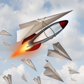 Paper airplane concept as a metaphor for increasing potential as a plane made from a white sheet with a rocket ship attached as a symbol for a winning business strategy.