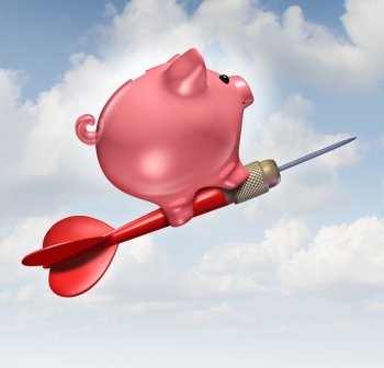 Budget goal and financial advice business concept as a piggybank character riding a red dart as a financial success symbol for managing finances and savings.