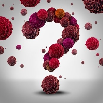 Cancer questions concept as cancerous cells shaped as a question mark spreading and growing as malignant growth in a human body as a symbol for medical information on diagnosis and therapy.