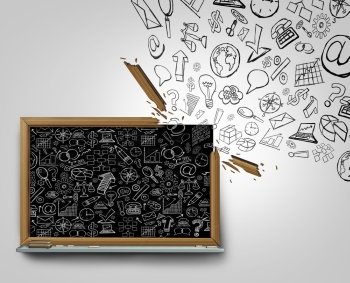Business plan communication outside the box concept as a blackboard with financial office icons sketched on the surface breaking away with a broken frame spreading the strategy globally as a career training or education symbol.