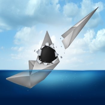 PlanB business contingency planning concept as a sinking ship or paper boat with an origami airplane emerging out as a metaphor for escaping from failure and a chance for future success.