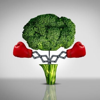 Superfood protection health care concept and cancer disease fighting food symbol as a healthy natural nutrition icon with red boxing gloves emerging out of an open broccoli vegetable as a fitness diet metaphor.