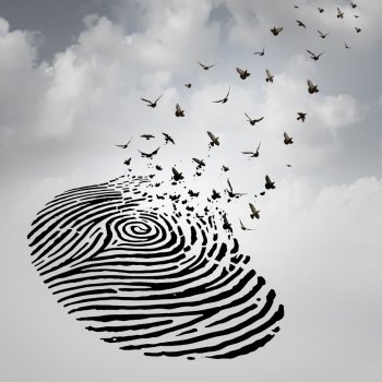 Identity freedom concept as a fingerprint transforming into flying birds as a metaphor for a person losing a psychological identity or a symbol of death and renewal after a loss of a loved one.