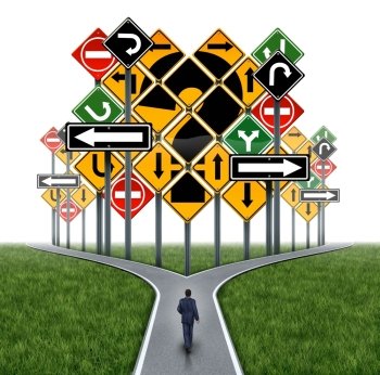 Business decision challenge concept as a businessman on a crossroad path facing an impass or dilemma with a group of traffic signs shaped as a question mark as a metaphor for consultation and corporate guidance.