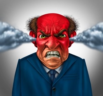 Angry boss concept as an outraged business manager with a short temper blowing steam and foaming at the mouth as a corporate symbol for anger and stress at work.