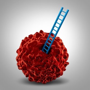 Cancer research symbol as a cancerous malignant cell with a ladder going in as a metaphor for a close microscopic medical examination and finding a cure icon.