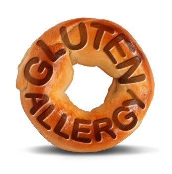 Gluten allergy symbol as a bagel bread or wheat product with text imbedded in the dough as a hypersensitivity allergic food concept on a white background.