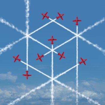 Geometric cube concept as an abstract three dimensional square shape created by the smoke trail of flying jet airplanes as a symbol for geometry or team organizing and working together for success.