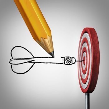 Success goal planning business concept as a pencil drawing a dart hitting the center of a target on a dartboard as a metaphor for controllig your destiny by creating a plan and visualization.
