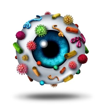 Eye disease opthalmology or optician medical diagnosis concept as a human eye ball covered with bacteria virus and pathogen cells as an opthalmologist symbol.