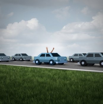 Driverless car and autonomous driving concept and safety system symbol as a road with cars and one vehicle with human hands and arms waving up to the sky as a metaphor for hands free autopilot.